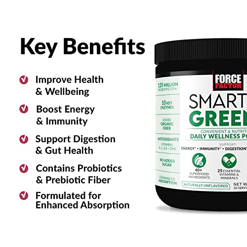 Force Factor Smarter Greens Daily Wellness Powder 3-Pack to Support Energy, Immunity and Digestion, Greens Powder, Superfood Powder with Vitamins, Minerals and Probiotics, Unflavored, 90 Servings