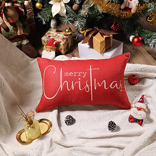 Allorry Christmas Pillow Covers Merry Christmas Throw Pillow Decorative Christmas Red Cotton Cloth Linen Cloth Pillow Cover Sofa Cover Decorative Rectangle Length 12X20 inches