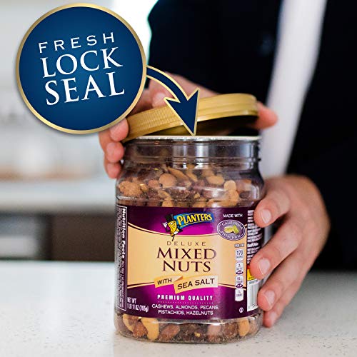 PLANTERS Deluxe Mixed Nuts with Sea Salt, 27 oz. Resealable Container - Variety Mixed Nuts Snacks with Cashews, Almonds, Pecans, Pistachios and Hazelnuts - Energy Boost - Kosher