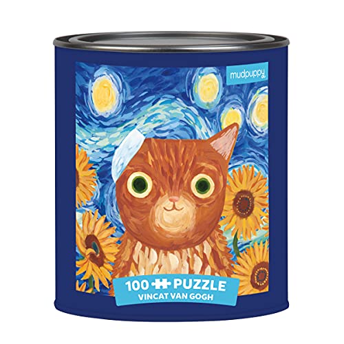 Mudpuppy Vincat Van Gogh Artsy Cat Puzzle Tin, 100 Pieces, 12”x12” – Perfect Family Puzzle for Ages 6+ - Colorful Feline Portraits Inspired by Great Artists – Paint Can Package – Fun Indoor Activity