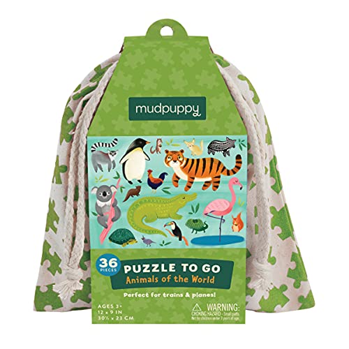 Mudpuppy Animals of The World to Go Puzzle, 36 Pieces – Great for Kids Ages 3+ - Perfect for Travel, Easy Clean-Up, Packaged in Secure, Reusable Fabric Bag