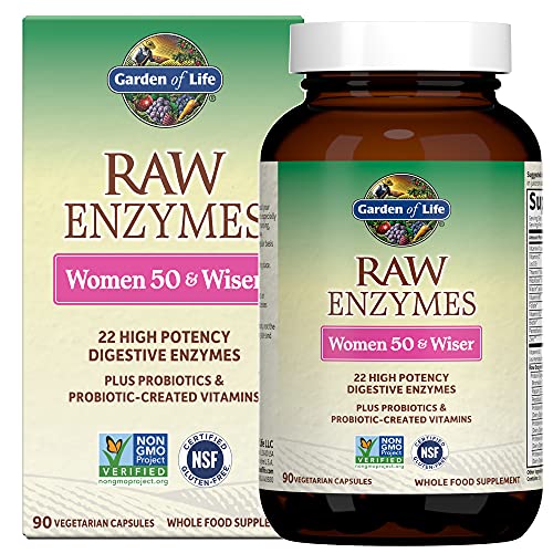 Garden of Life 22 Digestive Enzymes for Women 50 and Over with Bromelain, Papain and Lactase Plus Probiotics and Vitamins B12, Biotin and Zinc – RAW Enzymes – Non-GMO, Gluten-Free, Vegetarian, 90 Capsules