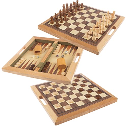 Trademark Games Hey! Play! Deluxe Wooden Chess, Checker and Backgammon Set, Brown