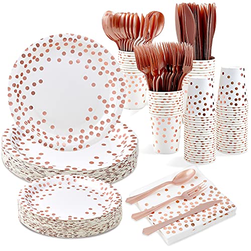 White and Rose Gold Party Supplies - 350 PCS Disposable Dinnerware Set - White Paper Plates Napkins Cups, Gold Plastic Forks Knives Spoon for Graduation, Birthday, Cocktail Party