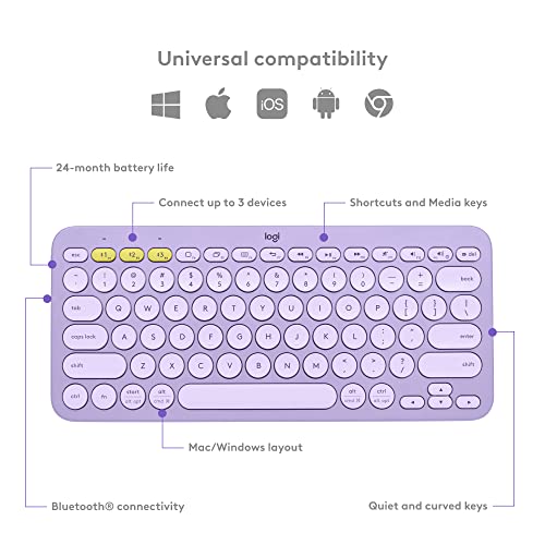 Logitech K380 Multi-Device Bluetooth Wireless Keyboard with Easy-Switch for Up to 3 Devices, Slim, 2 Year Battery-PC, Laptop, Windows, Mac, Chrome OS, Android, iPadOS, Apple TV - Lavender Lemonade