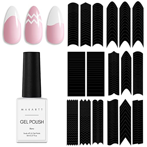 Makartt 7PCS French Nail Art Stickers Kit, 8ML White Gel Nail Polish,6 Sheets French Tip Stickers, Self-Adhesive French Manicure Strips Guides French Edge Auxiliary Kit For Beginner DIY Nail Design