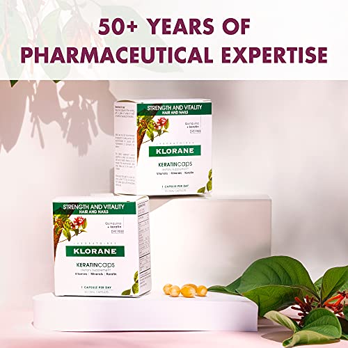 Klorane KERATINcaps Dietary Supplements with Biotin, Quinine, B Vitamins for Thicker, Stronger Hair and Nails, Caffeine-Free, Dye Free, 30 Day Supply