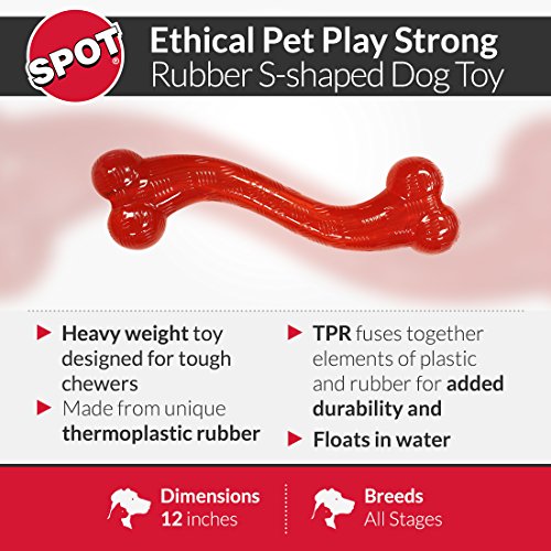 SPOT by Ethical Products Play Strong S-Shaped Bone Dog Toy | Interactive Durable Rubber Dog Toy for Aggressive Chewers | Hollow Center Ideal for Treats | 12”, Red
