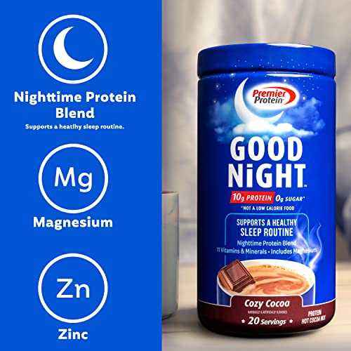 Premier Protein Good Night Protein Powder, Hot Cocoa Mix, 10g Protein, 0g Sugar, 11 Vitamins and Minerals, Nighttime Protein Blend, Magnesium, Zinc, 20 Serve, 1 Tub