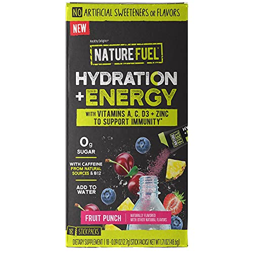Nature Fuel Hydration + Energy - with Vitamins A, C, D3, and Zinc to Support Immunity - Fruit Punch Flavor - 18 Stick Packs - Pantry Friendly