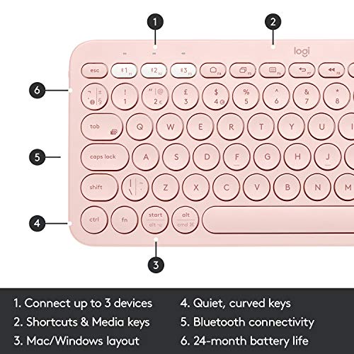 Logitech K380 Wireless Multi-Device Keyboard for Windows, Apple iOS, Apple TV android or Chrome, Bluetooth, Compact Space-Saving Design, PC/Mac/Laptop/Smartphone/Tablet - Rose