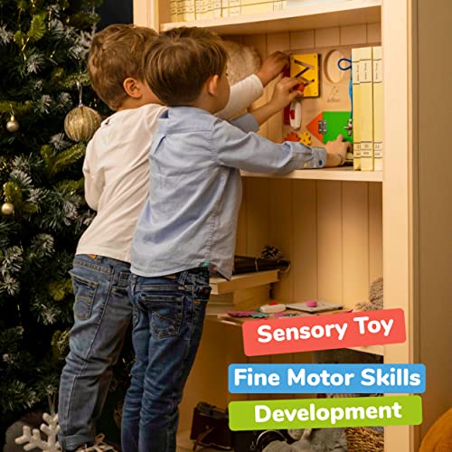 deMoca Busy Board for Toddlers, Montessori Toy for 3 Year Old with 10 Educational Toddler Activities to Develop Fine Motor Skills, Learning Wooden Travel Toy for Plane and Car Journey