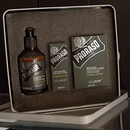 Proraso Beard Care Kit for Men | Cypress and Vetyver Beard Wash, Oil and Balm Gift Set to Cleanse, Soothe and Soften All Beard Lengths and Skin Types