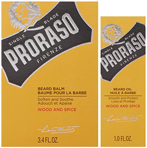 Proraso Beard Care Kit for Men | Wood and Spice Beard Wash, Oil and Balm Gift Set to Cleanse, Soothe and Soften All Beard Lengths and Skin Types
