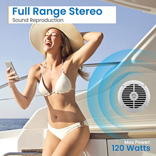 Pyle 6.5 Inch Dual Marine Speakers - 2 Way Waterproof and Weather Resistant Outdoor Audio Stereo Sound System with 120 Watt Power, Polypropylene Cone and Cloth Surround - 1 Pair - PLMR67W (White)