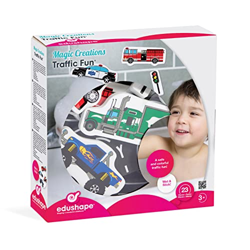 Edushape Magic Creations Foam Sticker Imaginative Bath Tub Activity Play Set, Traffic and Cars Theme