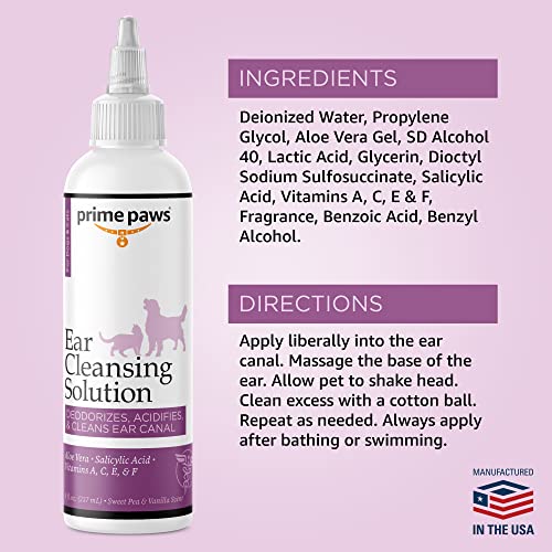 Prime Paws Ear Cleansing Solution for Dogs and Cats - Pet Ear Cleaner Removes Odor and Wax - Deodorizing Dog Ear Cleaner Solution with Aloe and Vitamins - Sweet Pea and Vanilla Scent - 8 oz