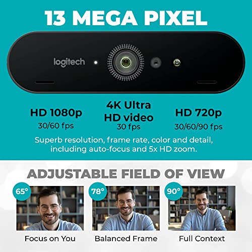YandR Bundles Logitech Brio 4K HD Webcam with Microphone for Desktop with Tripod and Universal Mount - Logitech Webcam USB Computer Camera - Ultra Pro Wide Angle Webcam Streaming for Meetings and Gaming