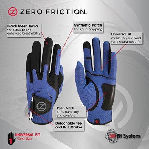 Zero Friction Men's Synthetic Right Hand Golf Glove (2 Pack), Universal Fit Black/Blue, One Size