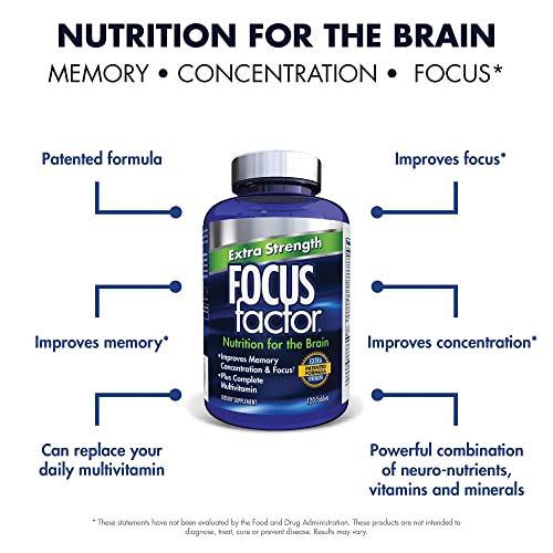 Focus Factor Adults Extra Strength, 120 Count- Brain Supplement for Memory, Concentration, Focus - DMAE, Vitamin D, DHA- Brain Health Supplement – Trusted Formula- Brain Vitamins, Focus Pills (2 pk)
