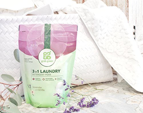 Grab Green 3-in-1 Laundry Detergent Pods, 60 Count, Lavender Vanilla Scent, Plant and Mineral Based, Superior Cleaning Power, Stain Remover, Brightens Clothes