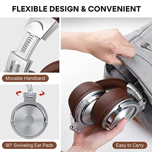 Over Ear Headphone, Wired Premium Stereo Sound Headsets with 50mm Driver, Foldable Comfortable Headphones with Protein Earmuffs and Shareport for Recording Monitoring Podcast PC TV- with Mic (Silver)