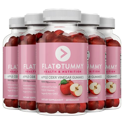 Flat Tummy Apple Cider Vinegar Gummies, 60 Count-Boost Energy, Detox, Support Gut Health and Healthy Metabolism – Vegan, Non-GMO ACV Gummies - Made with Apples, Beetroot, Vitamins B9 and B12 - Pack of 5