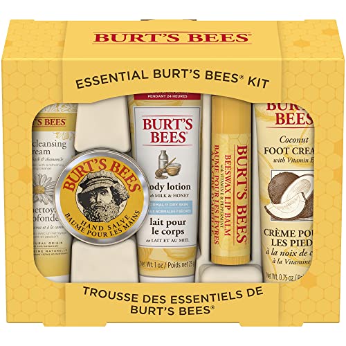 Burts Bees Mothers Day Gifts for Mom, 5 Body Care Products, Everyday Essentials Set - Original Beeswax Lip Balm, Deep Cleansing Cream. Hand Salve, Body Lotion and Foot Cream, Travel Size