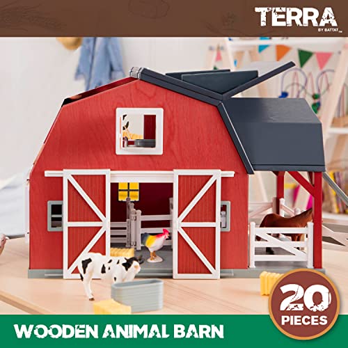 Terra By Battat Wooden Animal Barn - Toy Barn Farm Playset - Pretend Play Toys For Kids Ages 3+ (20 Piece)