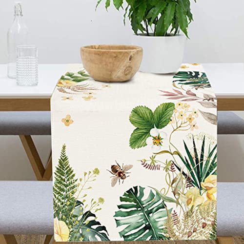 PROCIDA Summer Green Leaf Table Runner Troical Floral Leaves Burlap Table Runners Seasonal Holiday Party Kitchen Indoor Outdoor Dinning Decor 13x72 Inch