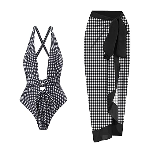 Women Swimsuits Abstract Printing Notched Square/V Neck Floral Vacation One Piece with Cover Up