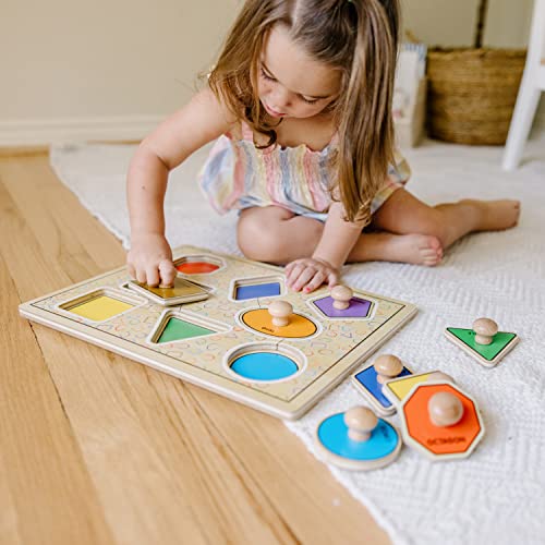 Melissa and Doug Deluxe Jumbo Knob Wooden Puzzle - Geometric Shapes (8 pcs) - Wooden Peg Chunky Baby Puzzle, Preschool Learning Puzzle, Wooden Puzzle Board For Toddlers Ages 1+