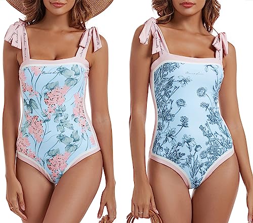 Aidonger Women's Reversible One Piece Swimsuits Floral Tie Shoulder Tummy Control Slimming Bathing Suits Square Neck Swimwear