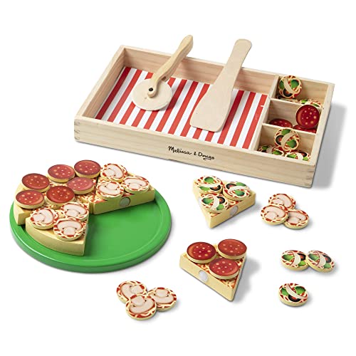 Melissa and Doug Wooden Pizza Play Food Set With 36 Toppings - Pretend Food And Pizza Cutter/ Toy For Kids Ages 3+