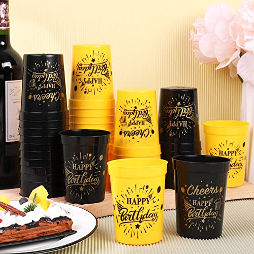 Shojoy 40 Pack Happy Birthday Party Cups Black and Gold Birthday Stadium Cups 8 Ounces Reusable Plastic Tumblers for Birthday Anniversary Party Supplies Decors