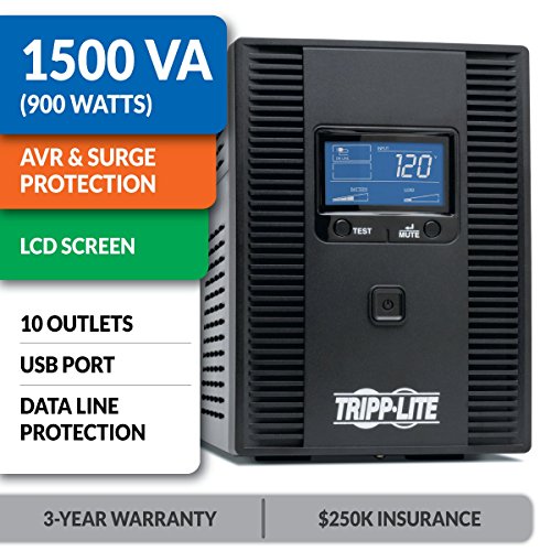 Tripp Lite SMART1500LCDT 1500VA 900W UPS Battery Back Up, AVR, LCD Display, Line-Interactive, 10 Outlets, 120V, USB, Tel and Coax Protection, 3 Year Warranty and Dollar 250,000 Insurance Black