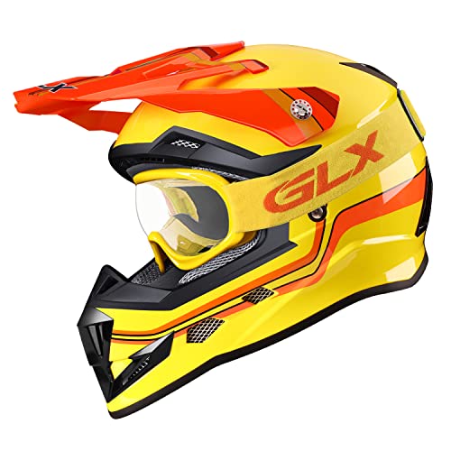 GLX GX623 DOT Kids Youth ATV Off-Road Dirt Bike Motocross Motorcycle Full Face Helmet Combo Gloves Goggles for Boys and Girls (Retro Yellow, Large)