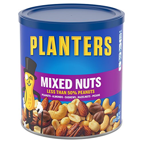 Planters Mixed Nuts Less Than 50% Peanuts with Peanuts (Almonds, Cashews, Hazelnuts and Pecans, 12 ct Pack, 15 oz Canisters)