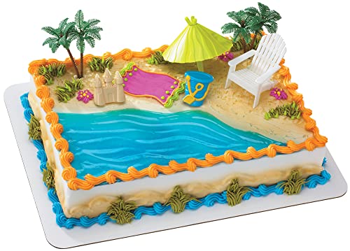 DecoSet® Beach Chair and Umbrella Tropical Beach Cake Decoration, 6 Piece Cake Topper Set, Palm Trees, Deck Chair, Beach Umbrella, Sand Castle and Bucket, Food Safe,