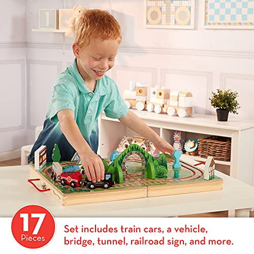 Melissa and Doug 17-Piece Wooden Take-Along Tabletop Railroad, 3 Trains, Truck, Play Pieces, Bridge - Wooden Train Sets For Kids Ages 3+