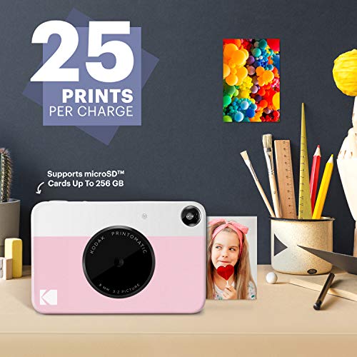 Kodak Printomatic Instant Camera (Pink) Gift Bundle + Zink Paper (20 Sheets) + Deluxe Case + 7 Fun Sticker Sets + Twin Tip Markers + Photo Album.