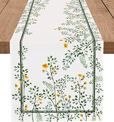 PROCIDA Summer Green Leaf Table Runner Floral Leaves Buflap Table Runners Seasonal Holiday Party Kitchen Indoor Outdoor Dinning Decor 13x108 Inch