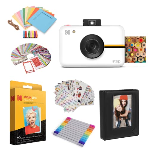Kodak Step Instant Camera with 10MP Image Sensor, Zink Zero Ink Technology (White) Bundle: Photo Album, Case, 20 Pack Zink Paper, Markers, Stickers.