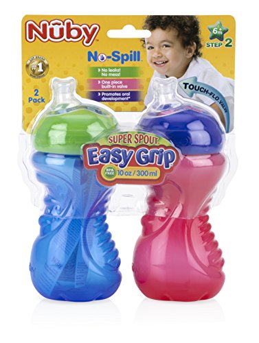 Nuby 2-Pack No-Spill Super Spout Easy Grip Cup, 10 Ounce, 6 Months +, Red and Blue