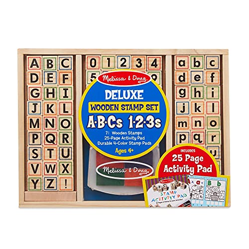 Melissa and Doug Deluxe Letters and Numbers Wooden Stamp Set ABCs 123s With Activity Book, 4-Color Stamp Pad - ABC Stamps, Kids Arts and Crafts, Letter Stamps, Number Stamps For Kids Ages 4+