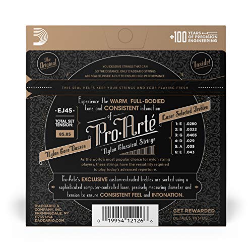 D'Addario Guitar Strings - Pro-Arte Classical Guitar Strings - EJ45 - Nylon Guitar Strings - Silver Plated Wound, Nylon Core - Normal Tension, 1-Pack