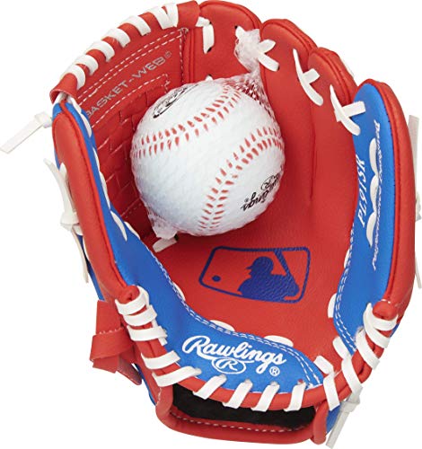 Rawlings Players Series Youth Tball/Baseball Glove with Ball, Right Hand Throw, Red/Blue, 9 Inch (Ages 3-5)