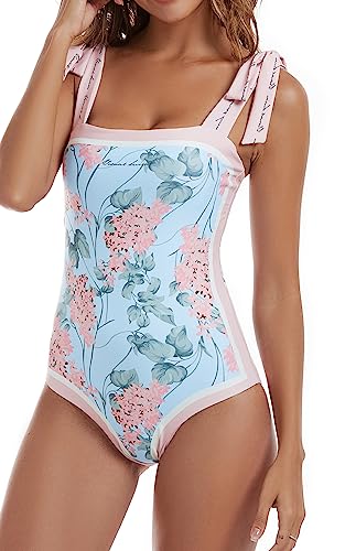 Aidonger Women's Reversible One Piece Swimsuits Floral Tie Shoulder Tummy Control Slimming Bathing Suits Square Neck Swimwear