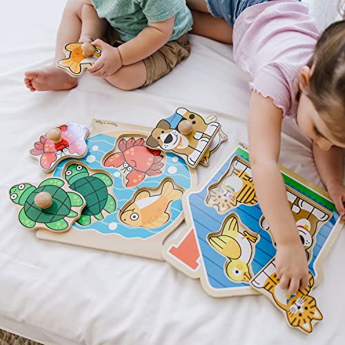 Melissa and Doug Animals Jumbo Knob Wooden Puzzles Set - Fish and Pets - Chunky Wooden Puzzles for Toddlers, Animal Puzzles For Kids Ages 1+