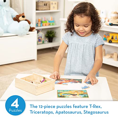 Melissa and Doug Dinosaurs 4-in-1 Wooden Jigsaw Puzzles in a Storage Box (48 pcs) - Kids Puzzle, Dinosaur Puzzles for Kids Ages 3+ - FSC-Certified Materials